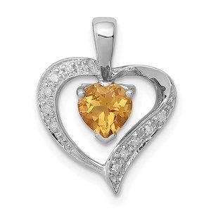 925 Sterling Silver Heart Citrine Nov Birthstone Diamond Heart Necklace Pendant